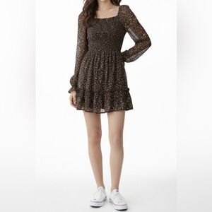 Chocolate Brown Floral Smocked Mini Dress  Long Sleeve Cottagecore Boho Sz Small